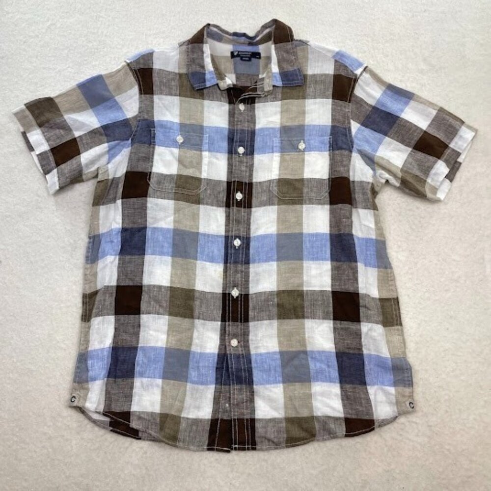 DANIEL CREMIEUX Men's Plaid Short Sleeve Linen Button Down Shirt Size Large